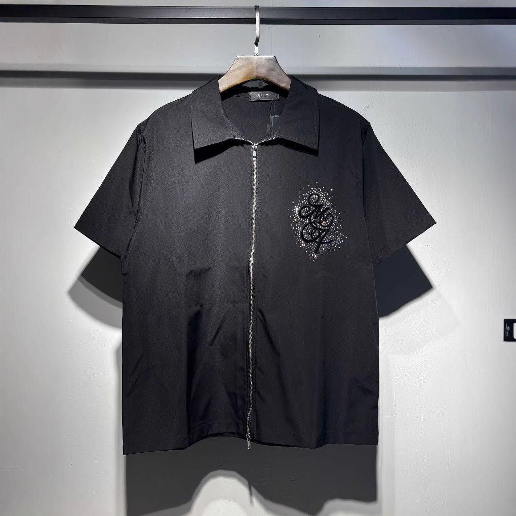 Amiri Rhinestone Letter Double-Zip Nylon Short Sleeve Shirt Unisex
